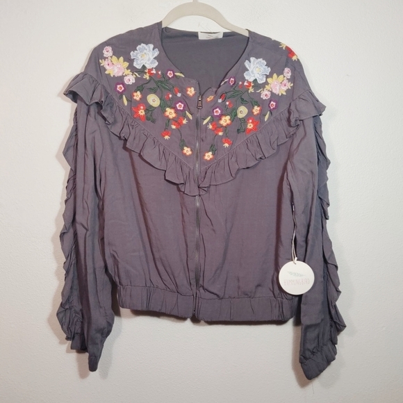 Hummingbird Gray Embroidered Floral Jacket S - Picture 1 of 4